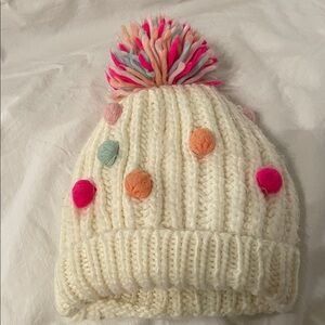 Capelli of New York White Knit Hat with Multicolor Pom Pom